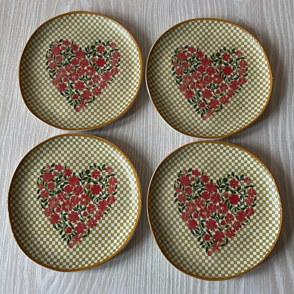 NIB Anthropologie Annie Stoneware Floral Heart Gingham Dessert Plate Set of 4